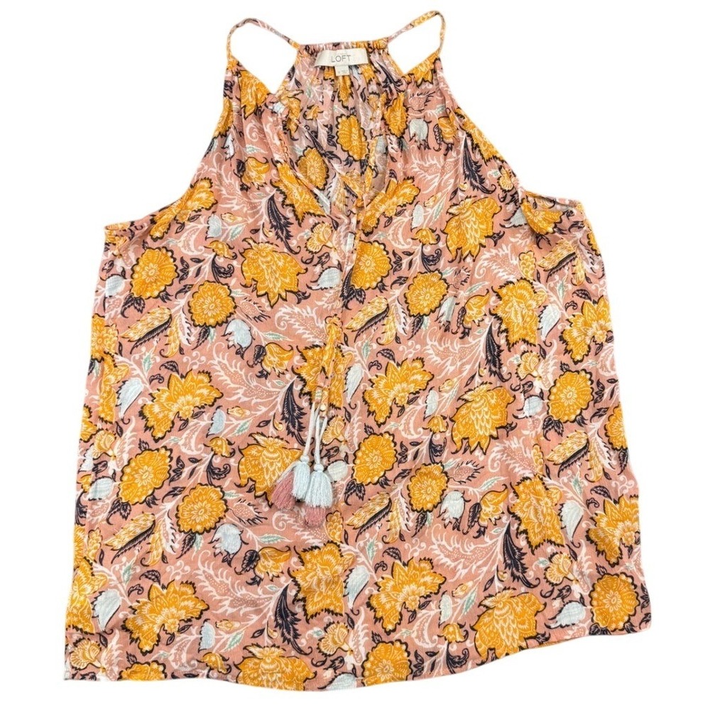 LOFT Womens Medium Orange Floral Paisley Halter Neck Tassel Tie Sleeveless Top